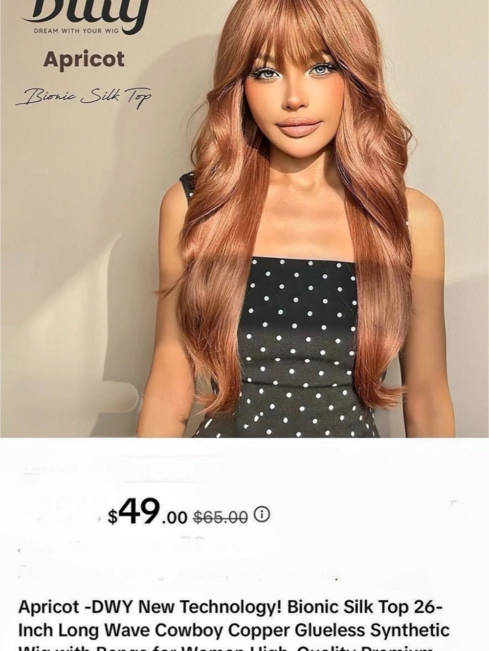 DWY Bionic Silk Top 26-Inch Long Wave Cowboy Copper 26-Inch Long Wavy Wig Aprico